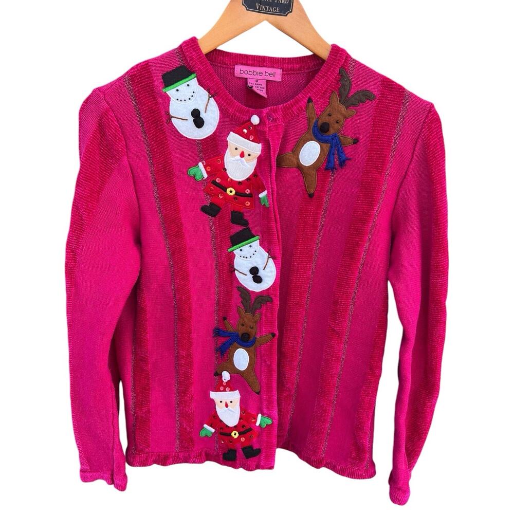 Vintage Bobbie Bell Christmas Holiday Pink Cardigan Felt Appliques Beads Size M